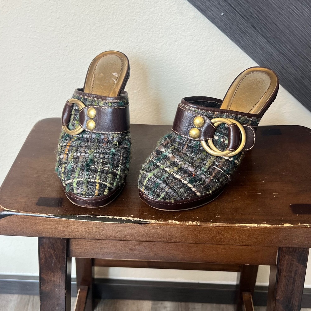 Coach Women's Tweed Mule Heels Brown Multicolor Buckle Slides Size 9B Y2K Chic - Picture 4 of 11